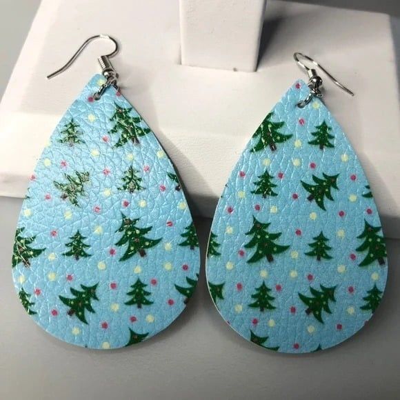 Leather Christmas Tree Teardrop Earrings Lgt Blue - Picture 3 of 5